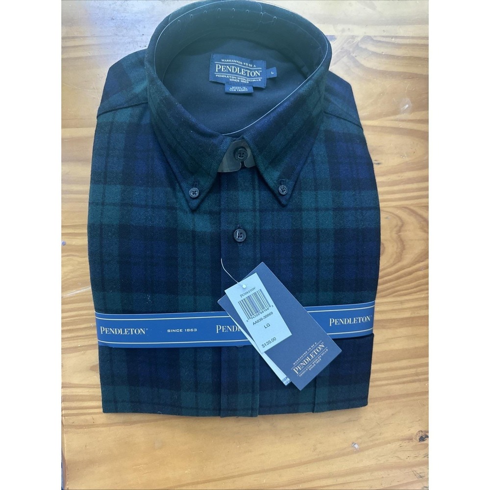NWT PENDLETON  Men's VTG Plaid Button Down Shirt SIZE L Soft Wool Blue Green